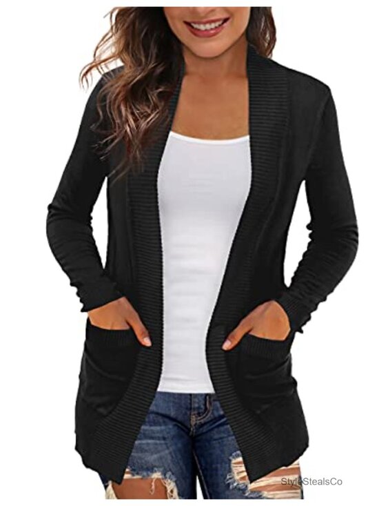 Sweaters - Womens Open Front Cardigan Sweater with Pockets Long Sleeve Lightweight